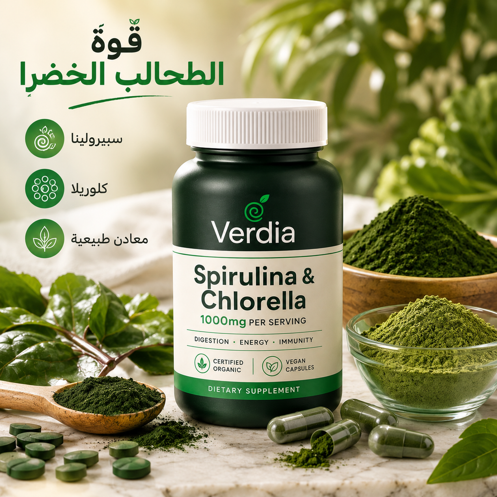 Verdia سبيرولينا وكلوريلا 🌿 1000 ملغ لكل حصة | هضم أريح وطاقة أكتر