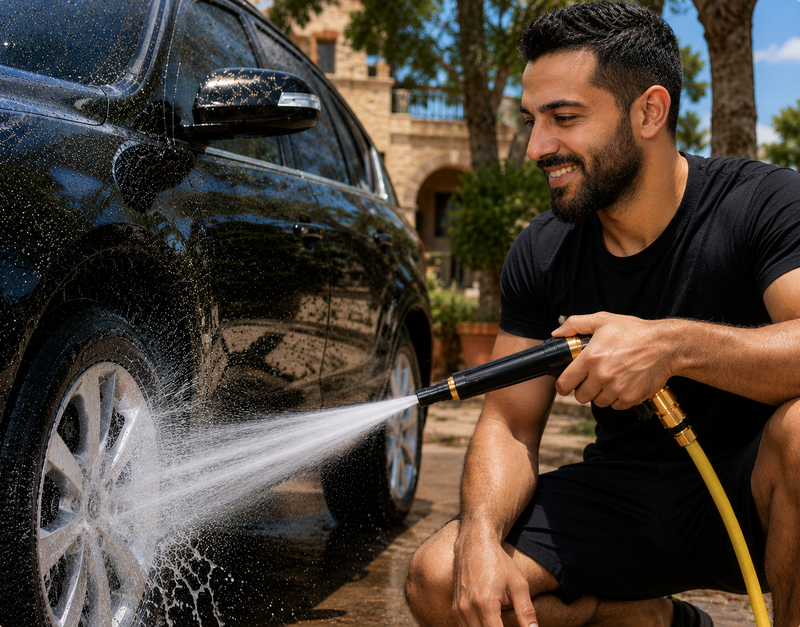 High pressure hose nozzle washing a car